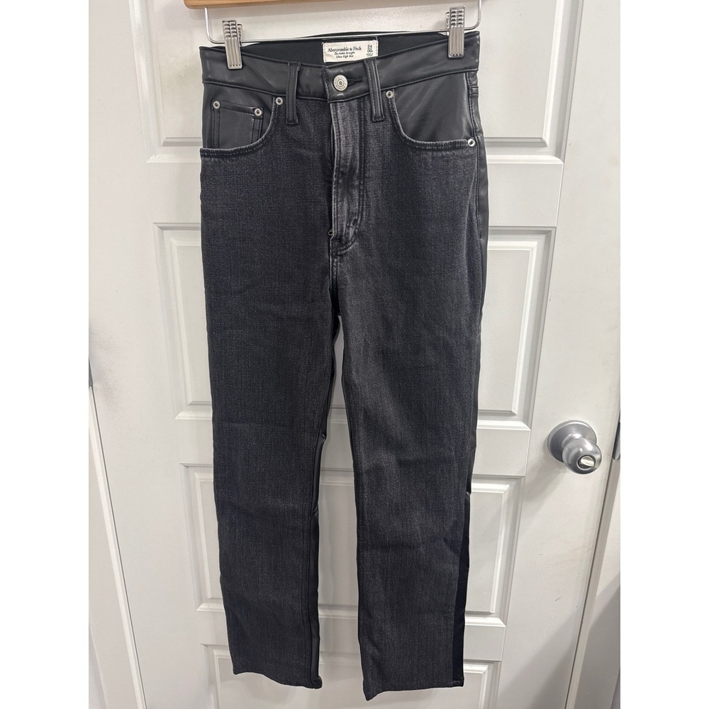 Abercrombie & Fitch Ankle Straight Ultra High Rise Faux Leather Trim Jeans 24